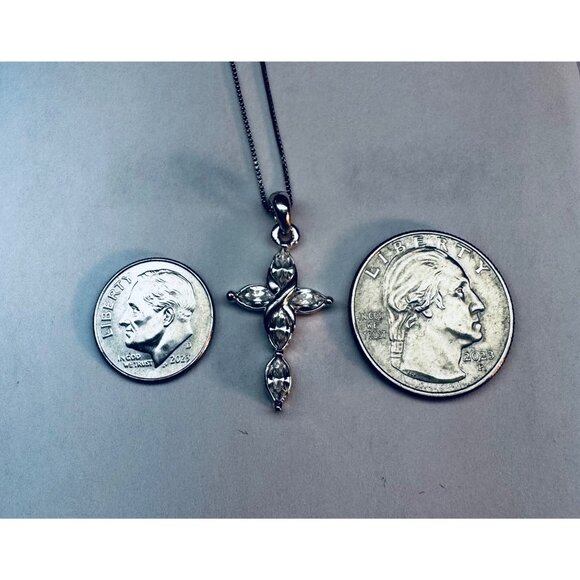 Sterling Silver 925 Italy Cross Necklace with Marquise CZ Stones, 18” Chain - Picture 8 of 10